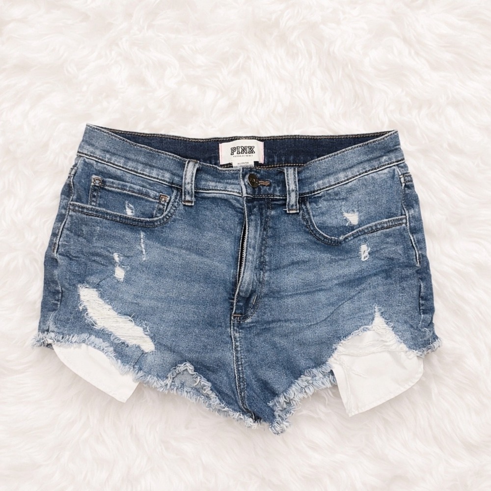 PINK Victoria's Secret Distressed Denim Shorts Size 10 Fits Women's 6 Y2K - Picture 1 of 3